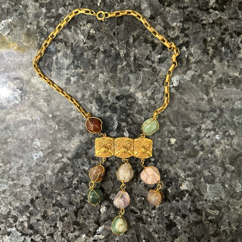 VINTAGE Castlecliff Totem Pendant Necklace With Semi Precious Stones